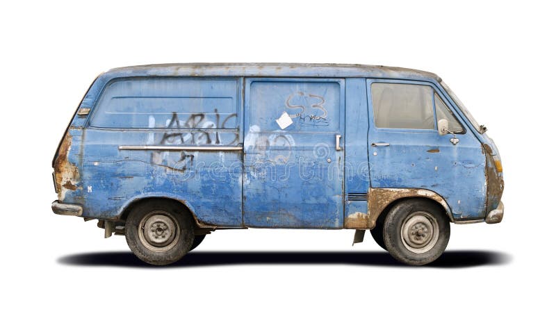 Battered blue van isolated on white