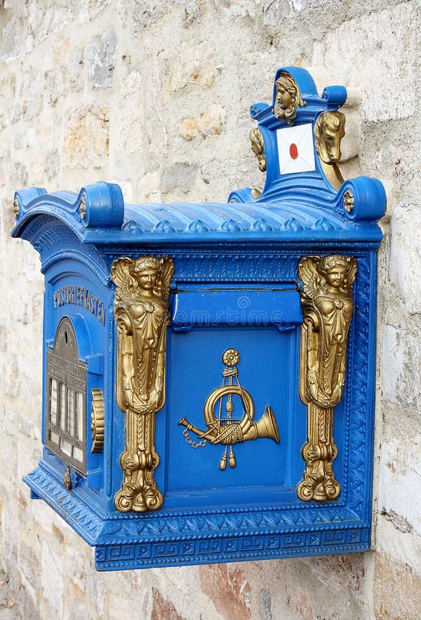 Old Blue German Mailbox with Gold Details Stock Photo Image of brick