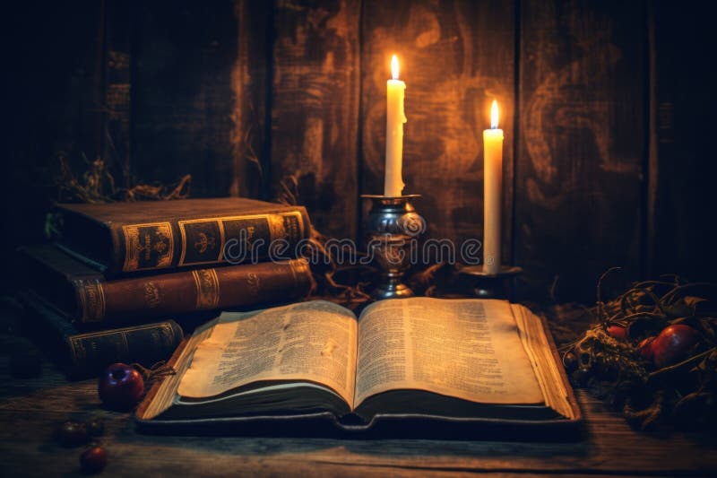 Old book and burning candles on wooden table. Generate AI stock illustration