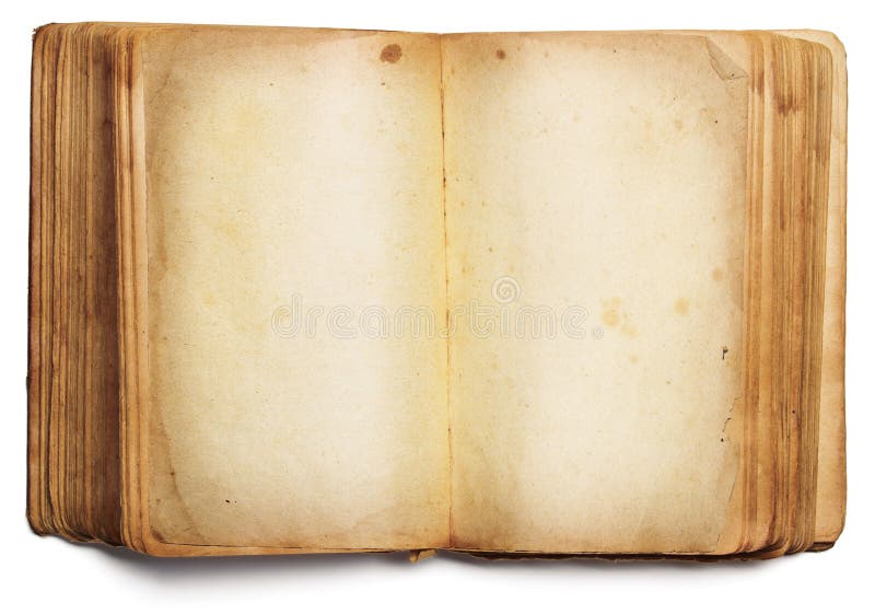 Old book open blank pages, empty paper isolated on white