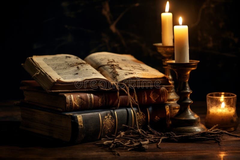 Old book stack and candles on wooden table. Generate AI royalty free illustration