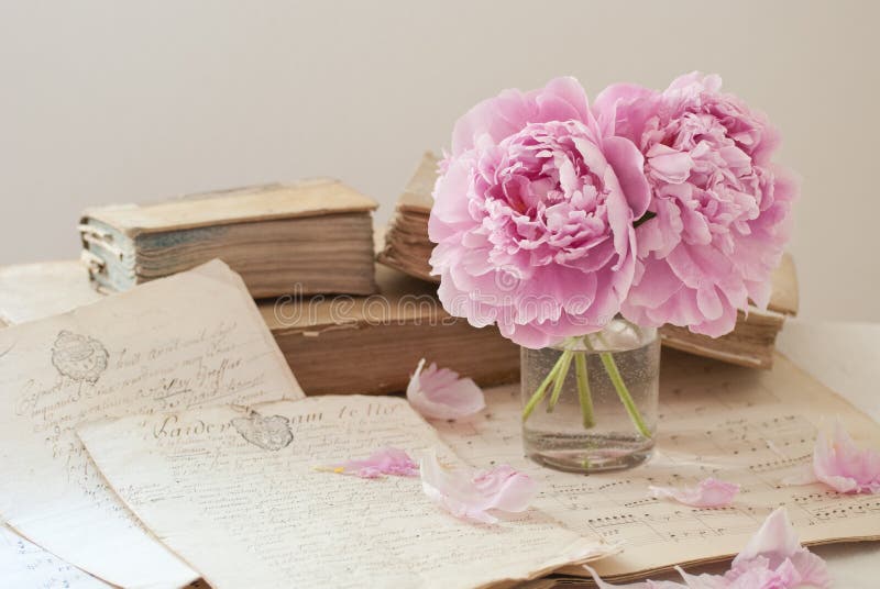 Old books and flowers stock image. Image of peony, paper - 58447195