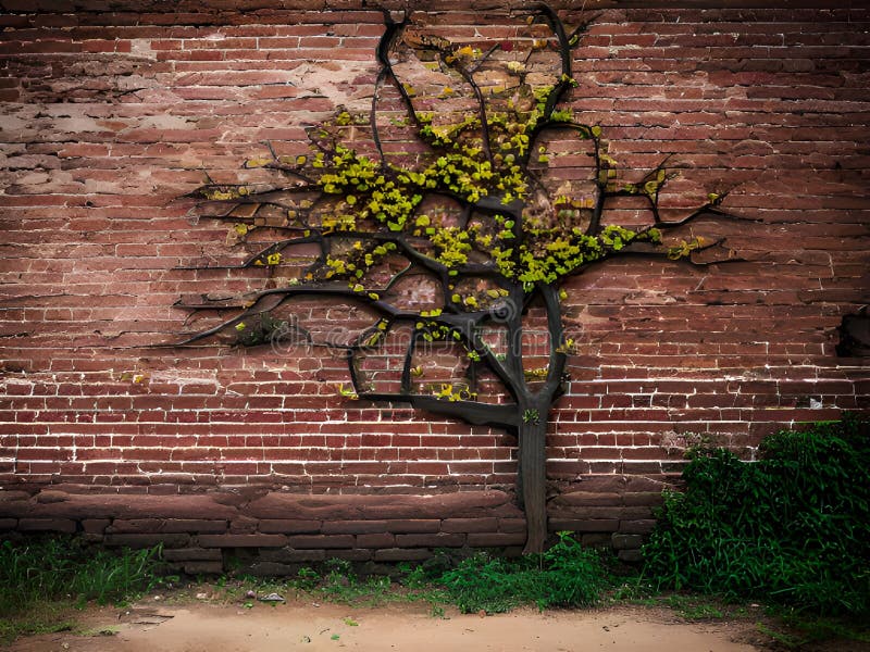 Old brick wall with dry tree, royalty free illustration.