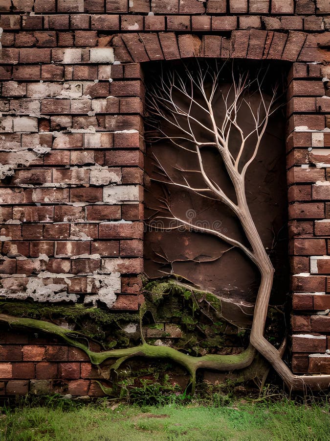 Old brick wall with dry tree, royalty free illustration.