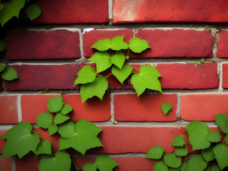 Old brick wall with ivy leaves, stock illustration.
