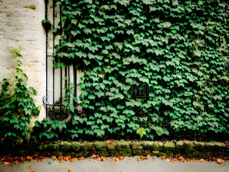 Old brick wall with ivy leaves, vector illustration.