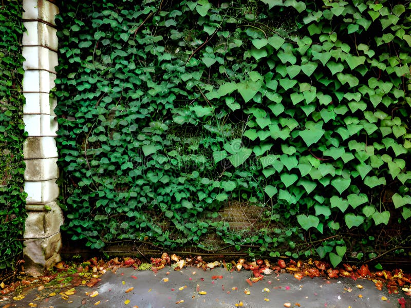Old brick wall with ivy leaves, stock illustration.