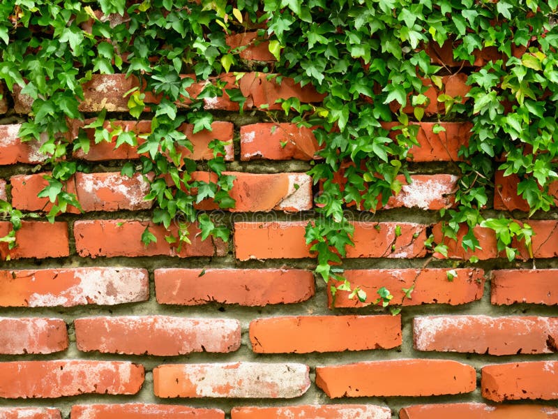 Old brick wall texture background with green plant vector illustration