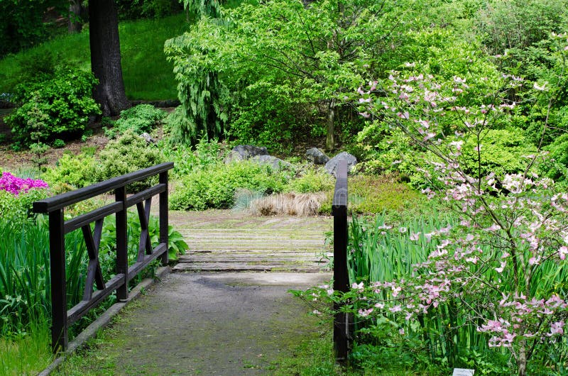 Old Bridge in Romantic Garden Stock Photo Image of plants, grass