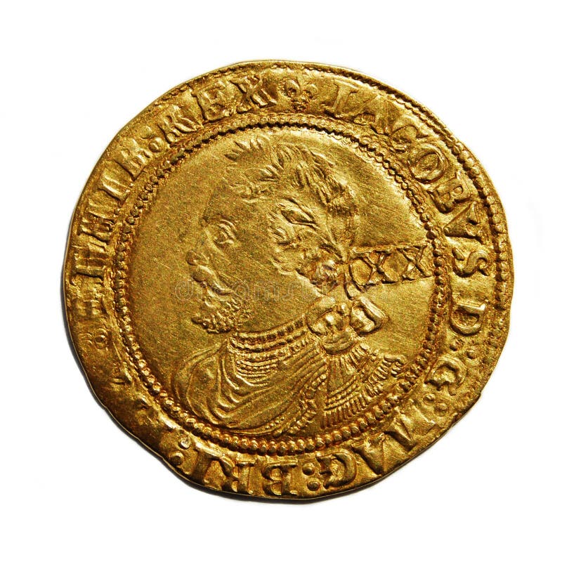 Old British martellato moneta d'oro isolato su sfondo bianco, Alloro di Giacomo I.