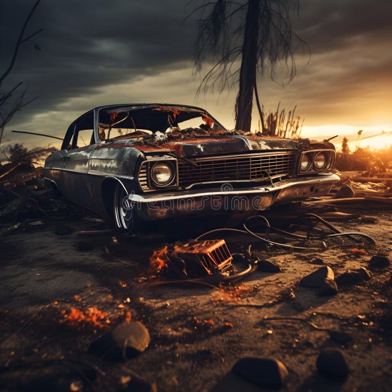 Old broken car abandoned in the forest, ai generative design