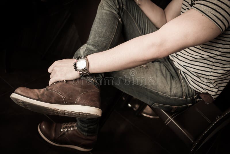 Old brown boot leather shoes fashion of man stock images