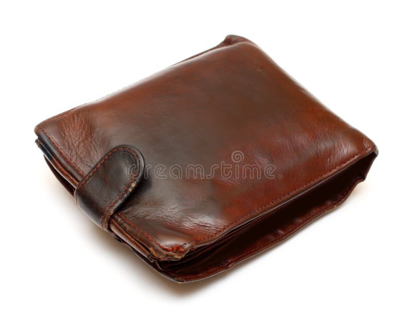 Old brown leather purse isolated on white