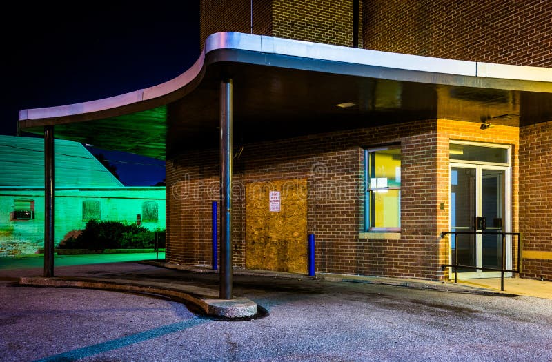 Old building at night in Hanover, Pennsylvania.