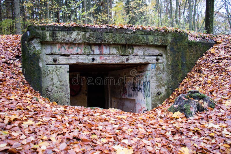 Old bunkers from World War II. German fortifications from the Pomeranian embankment. Autumn season