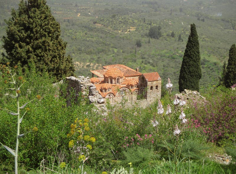 Old Byzantine Stone Church on the Hill, Archaeological Site of Mystras in Greece