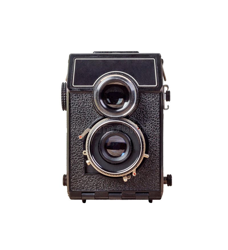 Old camera Isolated on white background, vintage style. Old Analog Twin Lens Reflex Camera.