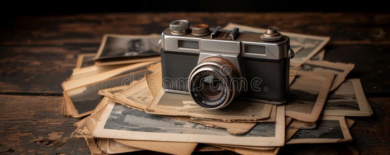 An old camera sits atop a stack of vintage photos stock photos