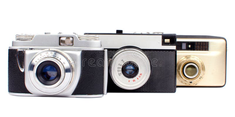 Old Russian 35mm film cameras. Isolated on white background. Old vintage film cameras stock images, royalty-free photos and pictures