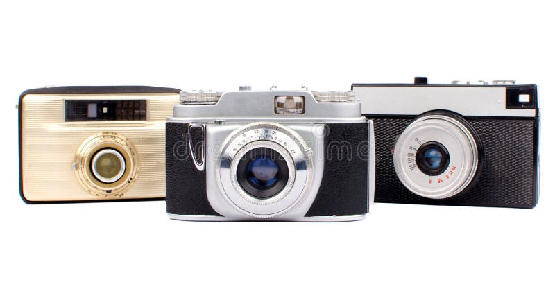 Old Russian 35mm film cameras. Isolated on white background. Old vintage film cameras stock images, royalty-free photos and pictures
