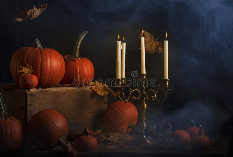 Old Candelabra with Pumpkins and Spooky Mist Stock Image - Image of ...