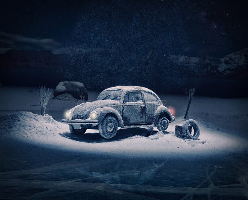 Old car broken in the snow and a supposed alien abduction