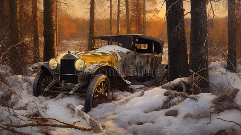 Hyperrealistic Painting Of An Old Car In The Woods At Sunset