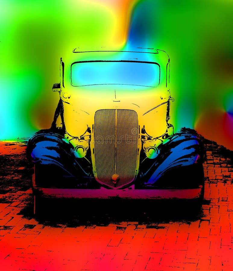 Un'illustrazione di un auto d'epoca con vivace sfondo sfocato.