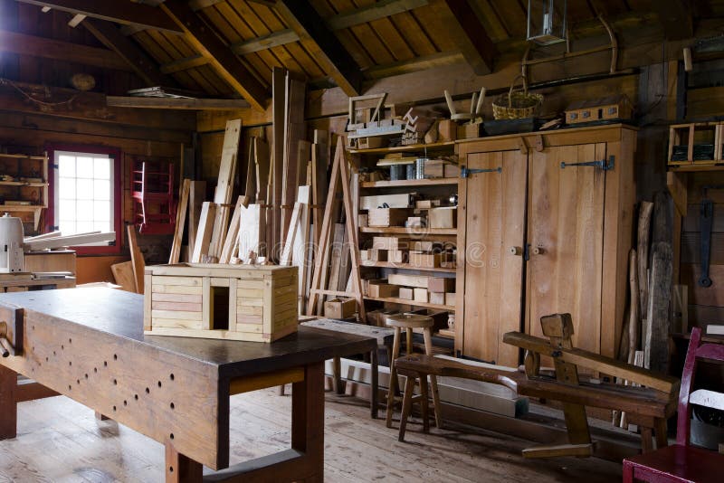 Old Carpenters Shop With The Workpiece And Tools Stock 