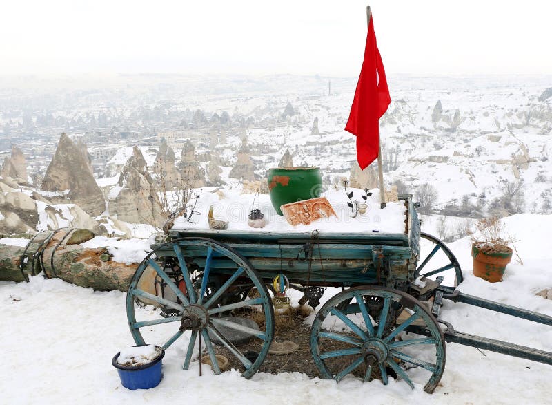 Old Cart with Turkish Flag in Uchisar,Cappadocia,Turkey
