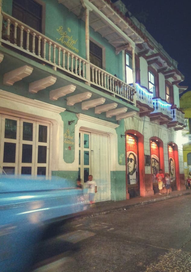 Cartagena (Colombia) downtown night scape with blue car, aqua traditional house royalty free stock photo Cartagena (Colombia) downtown night scape with blue car, aqua traditional house royalty free stock photo