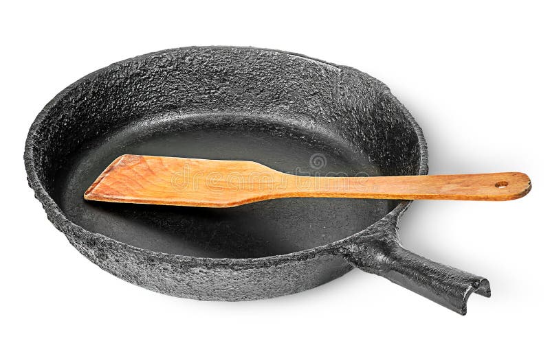 Old Cast Iron Pan with Wooden Spatula Top View Stock Photo Image of