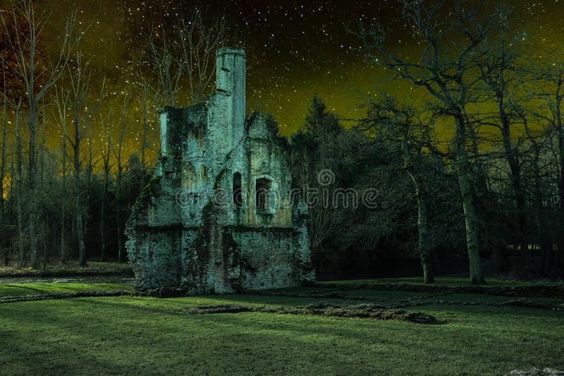 Old castle ruine in a fantasy landscape at night