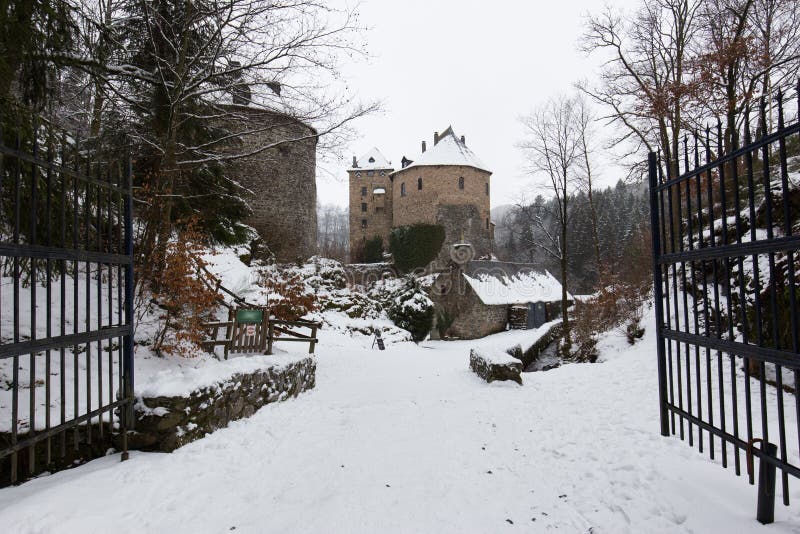 Old Castle in snow and fog stock image. Image of fortress - 110216611