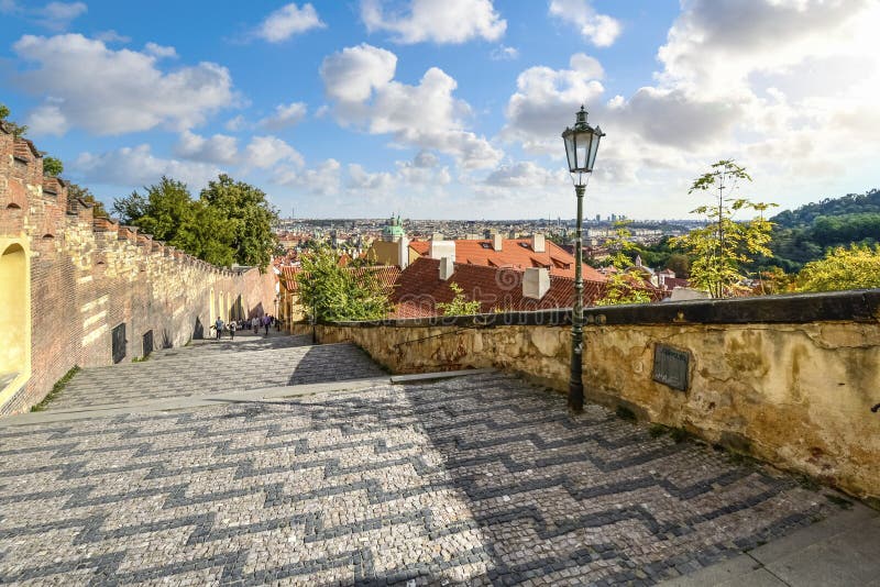 The Old Castle Stairway or Stare zamecke schody directly to the Prague castle gate in Prague, Czech Republic