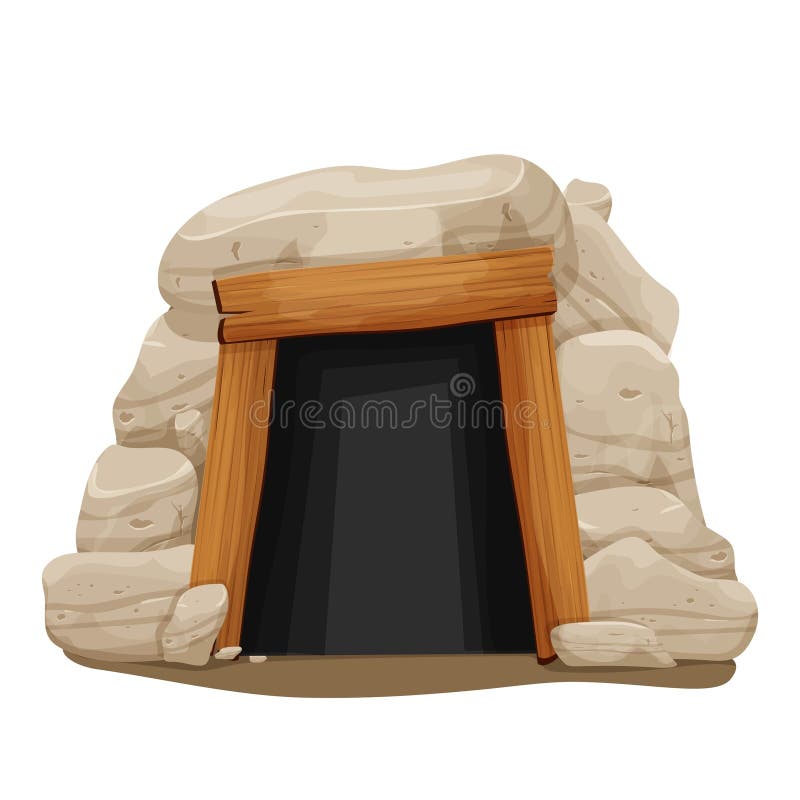 Old cave, mine entrance in cartoon style from stones, rocks and wood planks isolated on white background. Dark tunnel, underground