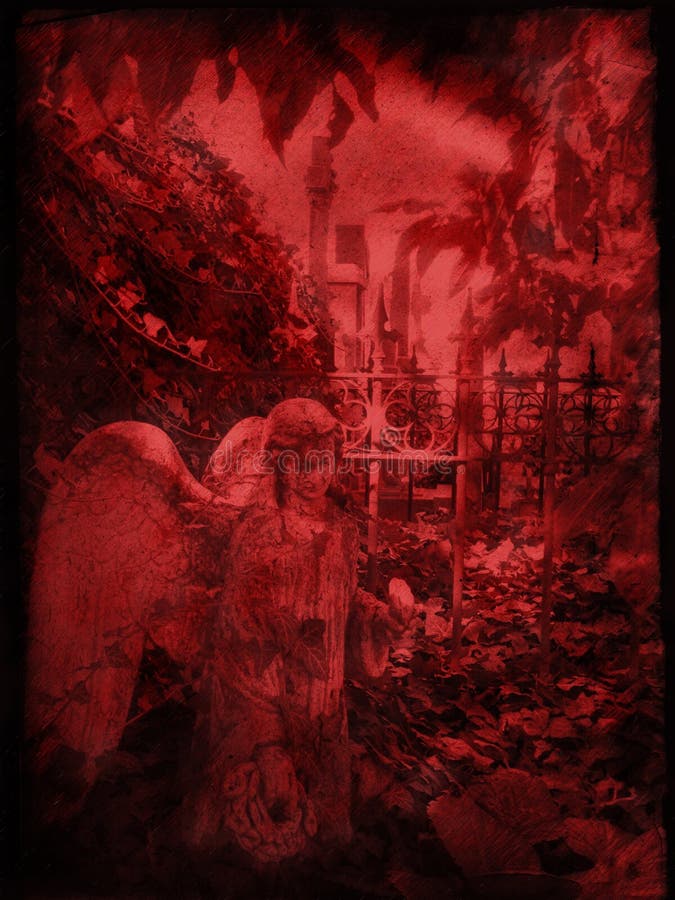 Old cemetery angel sculpture illustration - concept of melancholy and sorrow