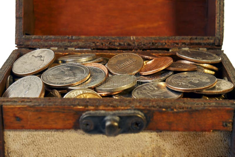 Old chest full of coins stock photo. Image of metal 106441724