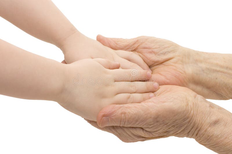 Old and children hands on a white