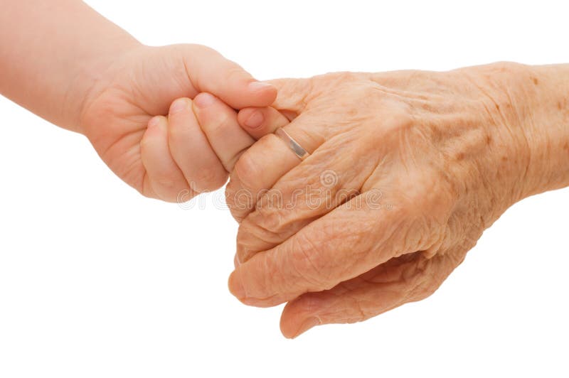 Old and children hands on a white