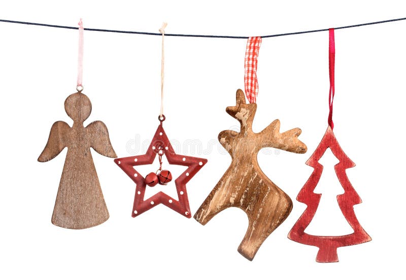 Old Christmas decorations hanging on string isolated