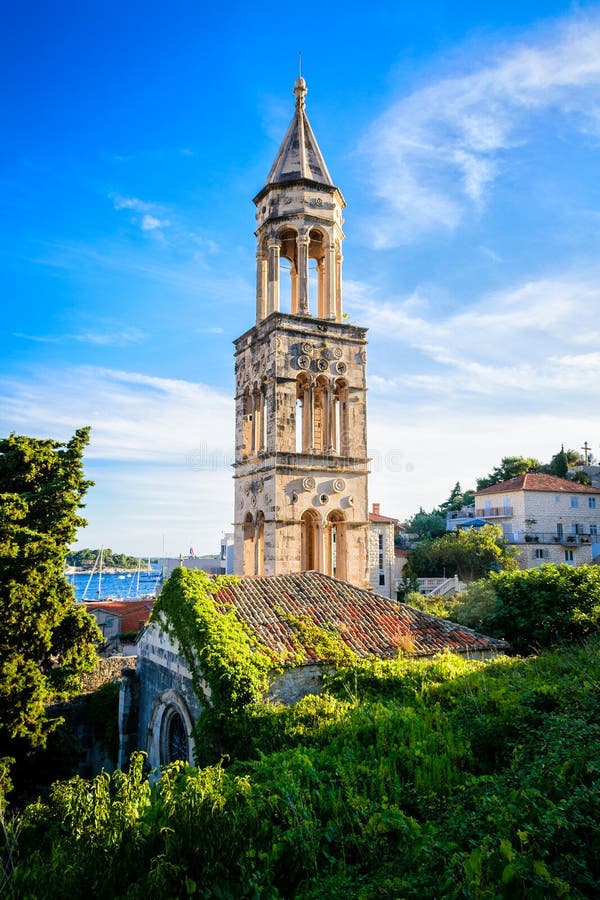 Old church bell tower on the island of Hvar in Dalmatia