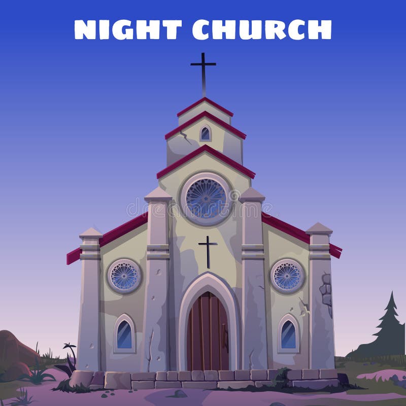 Old Church Closeup in the Wild West at Night Stock Vector