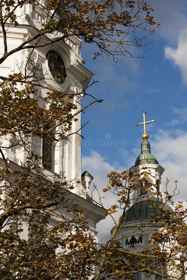 Old church steeple on bright sunny day