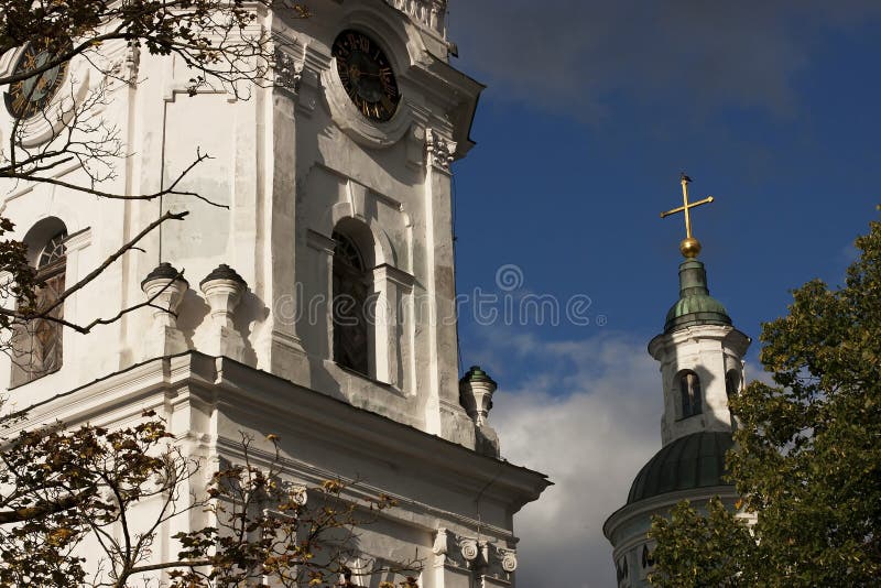 Old church steeple on bright sunny day