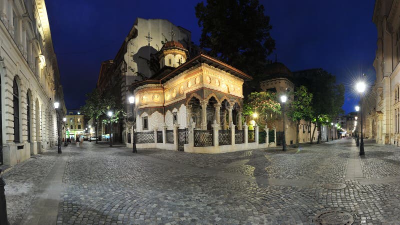 Old city center of Bucharest by night - Stavropoleos monastery royalty free stock images Old city center of Bucharest by night - Stavropoleos monastery royalty free stock images