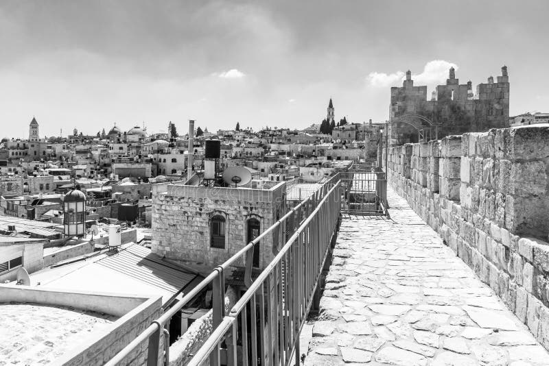 Old city rooftops and the Ramparts Walk,, in Jerusalem