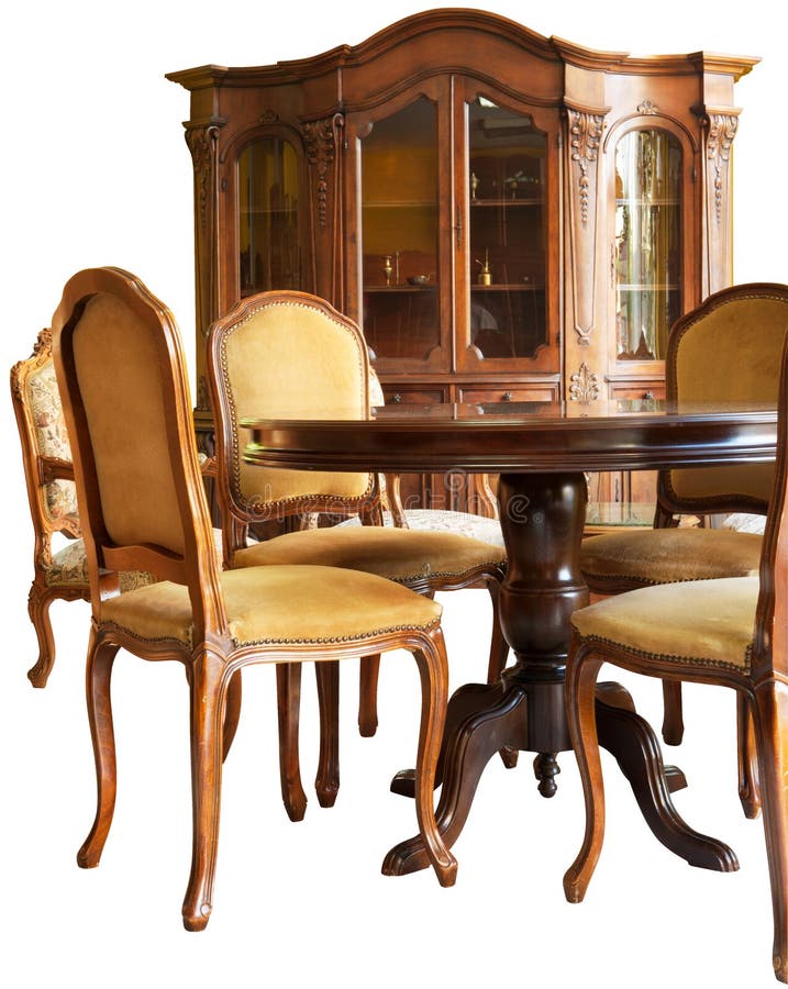 Viejo clásico de madera muebles estante, mesa sillas, todo mano,.