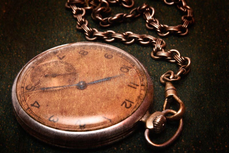Old Clock with Chain Lying on Rough Green Surface Stock Image Image