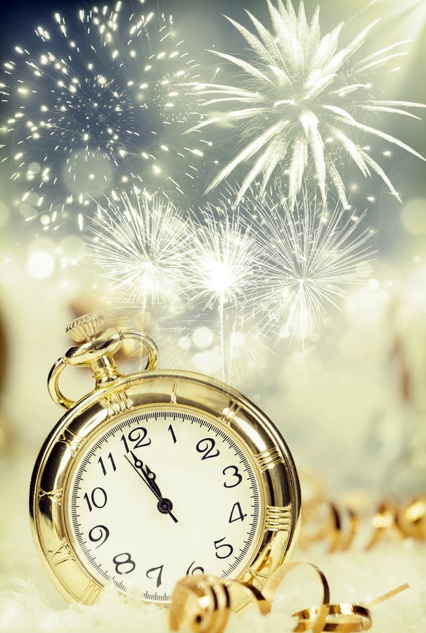 Old clock with fireworks and holiday lights